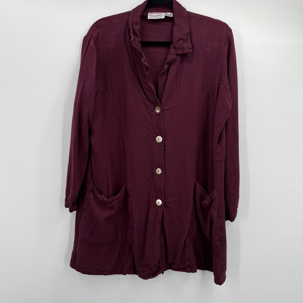 Simple People Tunic Shirt Womens Large Burgundy Linen Rayon Button Front Pockets